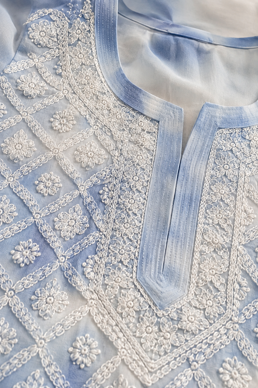 Powder Blue Lucknowi Chikankari Georgette 3-Piece Set for Women