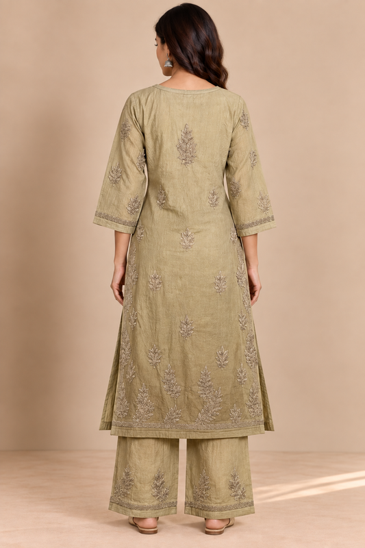 Beige Embroidered Lucknowi Chikankari Kurta Set for Women