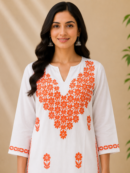 White Cotton Chikankari Kurta for Women with Orange Floral Embroidery