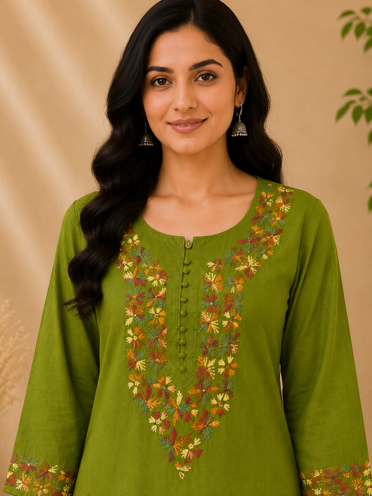 Olive Green Embroidered Cotton Kurta for Women