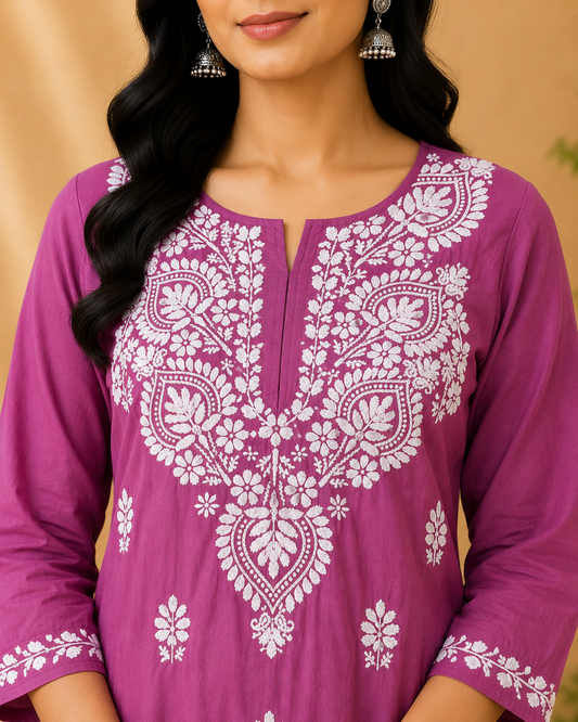 Magenta Pink Cotton Chikankari Kurta for Women