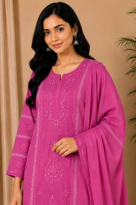 Rose Pink Cotton Chikankari Kurta for Women