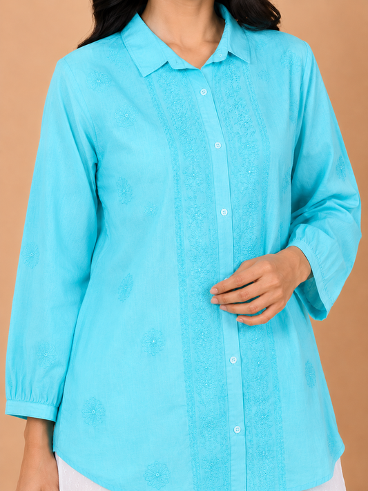 Aqua Blue Cotton Chikankari Shirt Kurta for Women