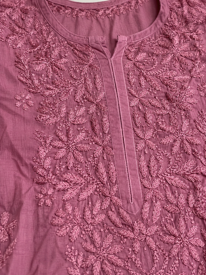 Dusty Rose Pink Lucknowi Chikankari Kurta Set for Women