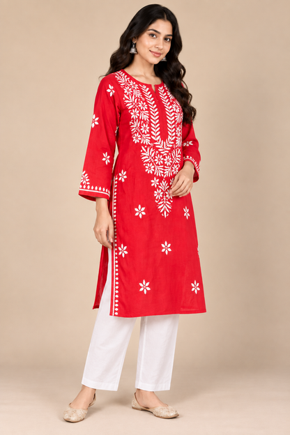 Red Lucknowi Chikankari Kurta with White Pants for Women