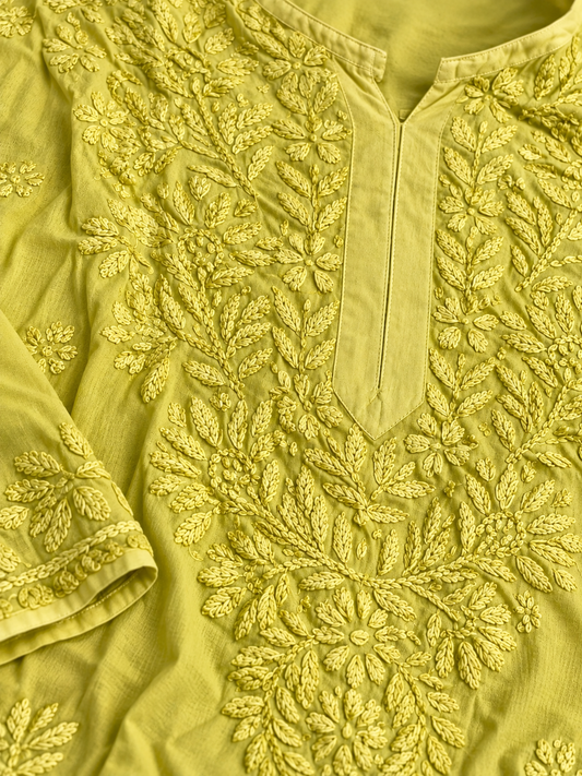 Lime Yellow Lucknowi Chikankari Kurta Set for Women