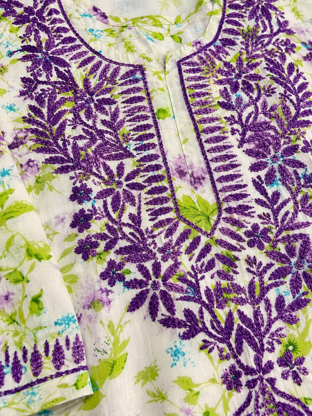 Ivory Floral Printed Lucknowi Chikankari Kurta Set for Women