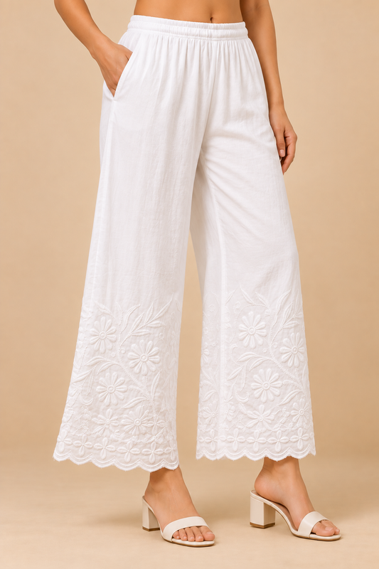 ZOUQ Women's White Lucknowi Chikankari Embroidered Palazzo Pants