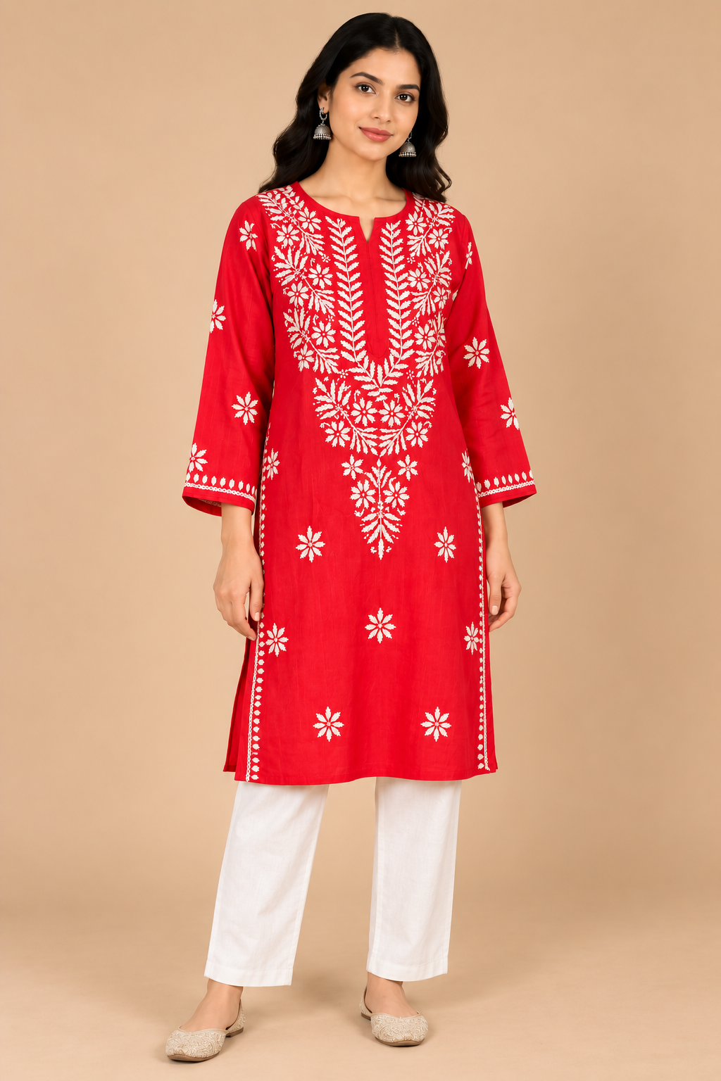 Red Lucknowi Chikankari Kurta with White Pants for Women