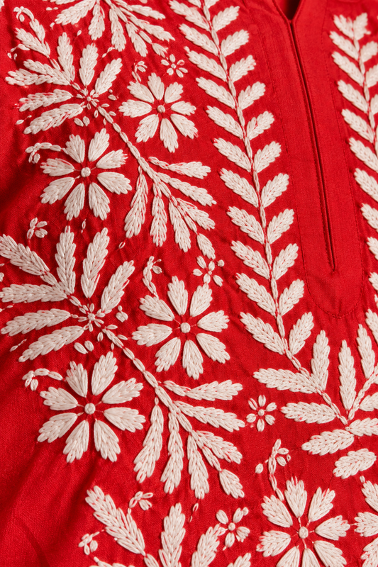 Red Lucknowi Chikankari Kurta with White Pants for Women