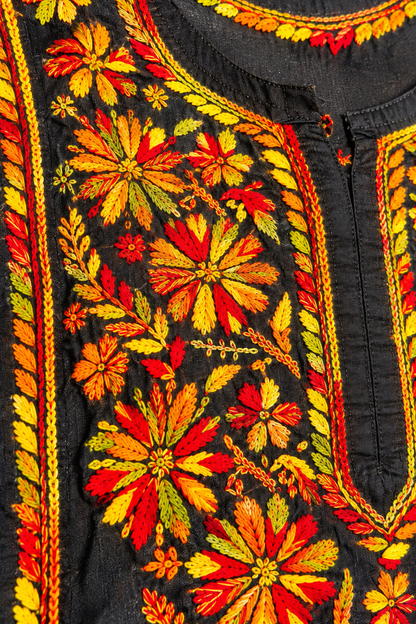 Black Floral Multicolour Lucknowi Chikankari Kurta for Women