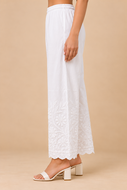 ZOUQ Women's White Lucknowi Chikankari Embroidered Palazzo Pants
