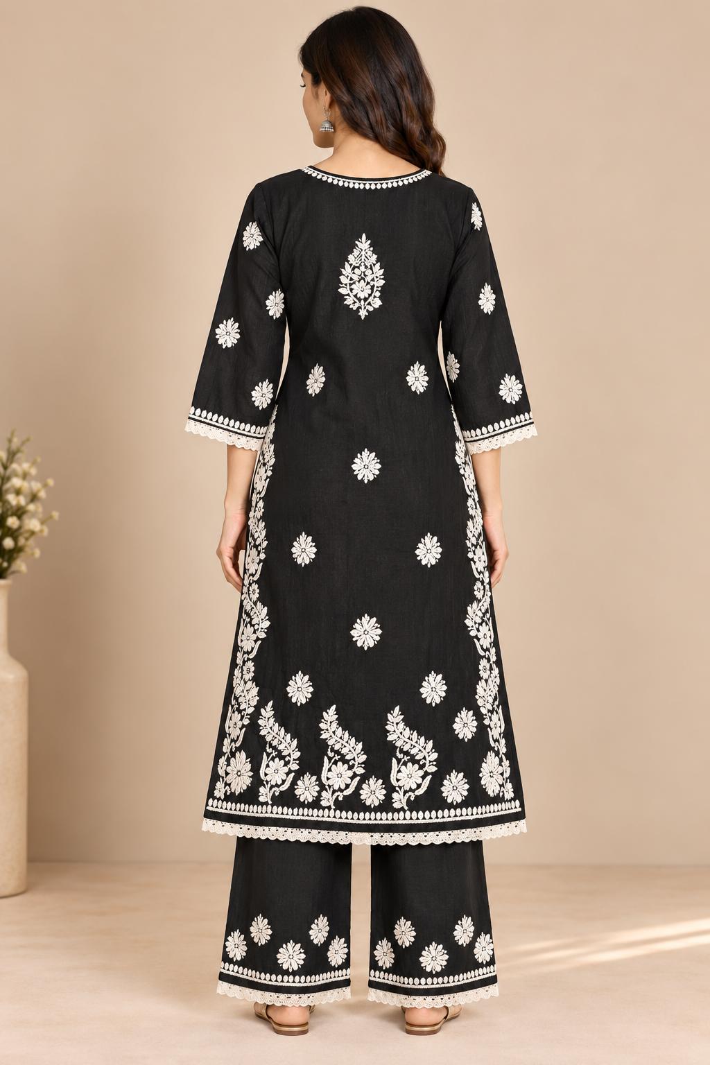 Black White Floral Lucknowi Chikankari Kurta Set for Women
