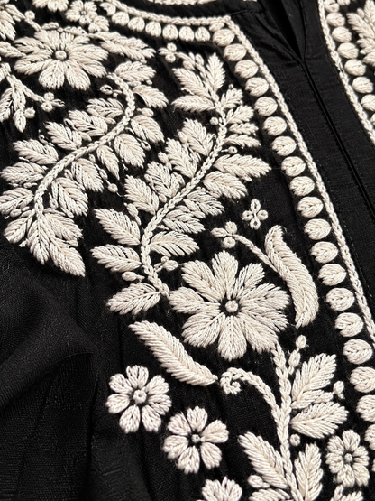 Black White Floral Lucknowi Chikankari Kurta Set for Women