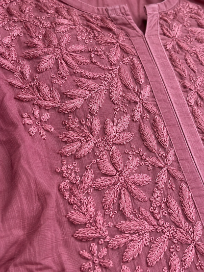 Dusty Rose Pink Lucknowi Chikankari Kurta Set for Women