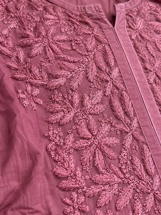 Dusty Rose Pink Lucknowi Chikankari Kurta Set for Women