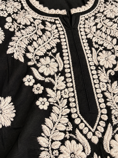 Black White Floral Lucknowi Chikankari Kurta Set for Women