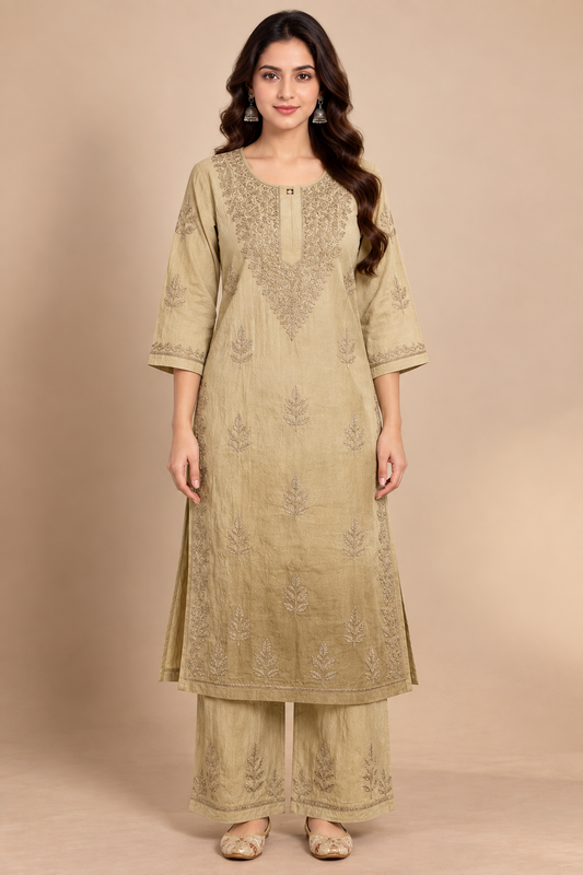 Beige Embroidered Lucknowi Chikankari Kurta Set for Women