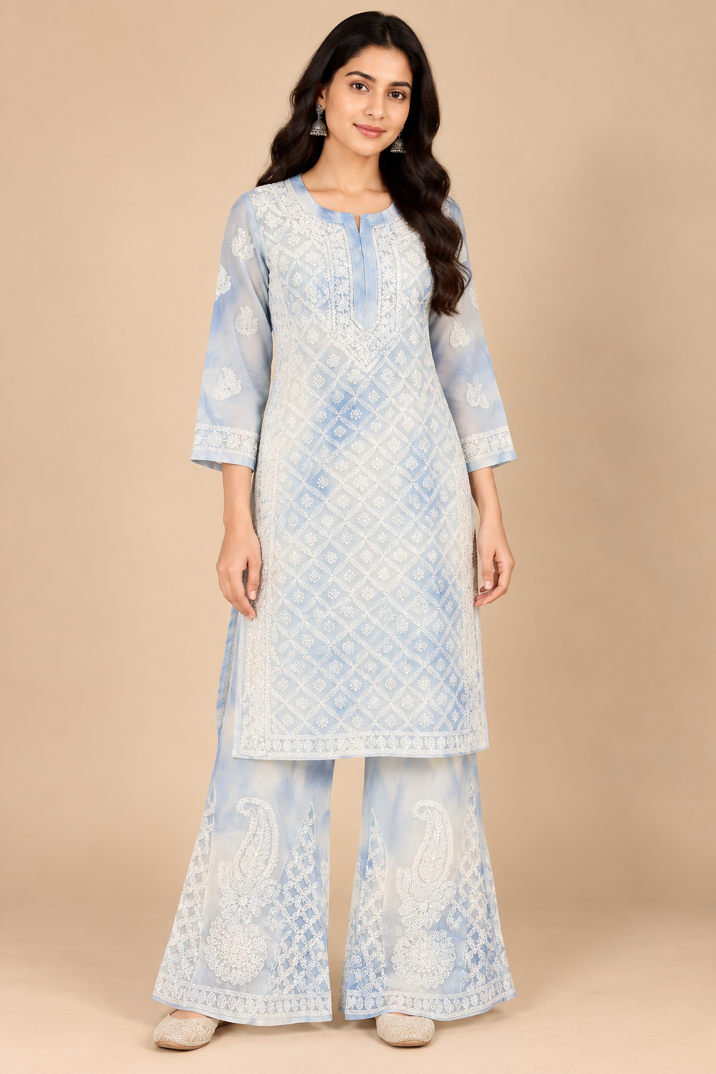 Powder Blue Lucknowi Chikankari Georgette 3-Piece Set for Women