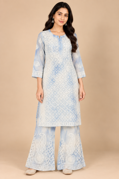 Powder Blue Lucknowi Chikankari Georgette 3-Piece Set for Women