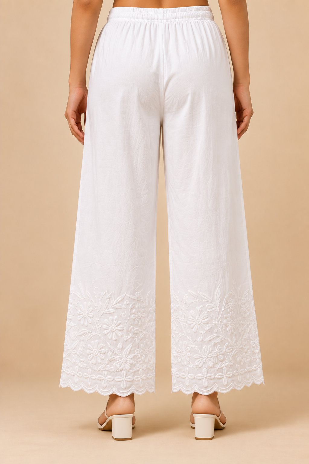 ZOUQ Women's White Lucknowi Chikankari Embroidered Palazzo Pants