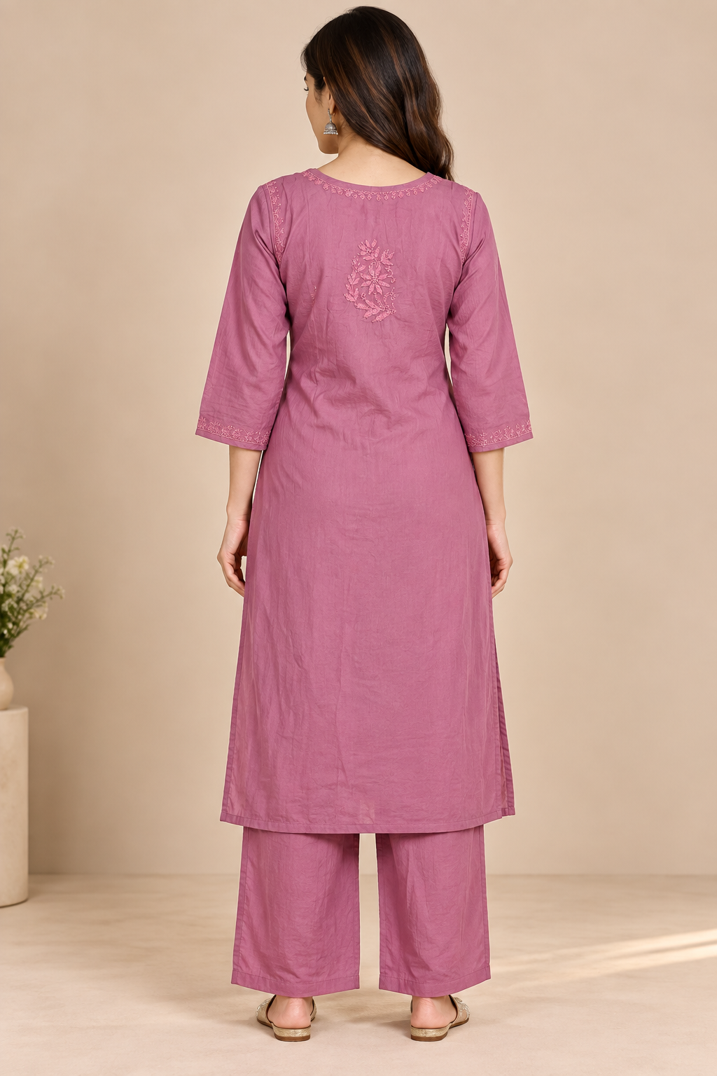 Dusty Rose Pink Lucknowi Chikankari Kurta Set for Women