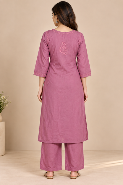 Dusty Rose Pink Lucknowi Chikankari Kurta Set for Women