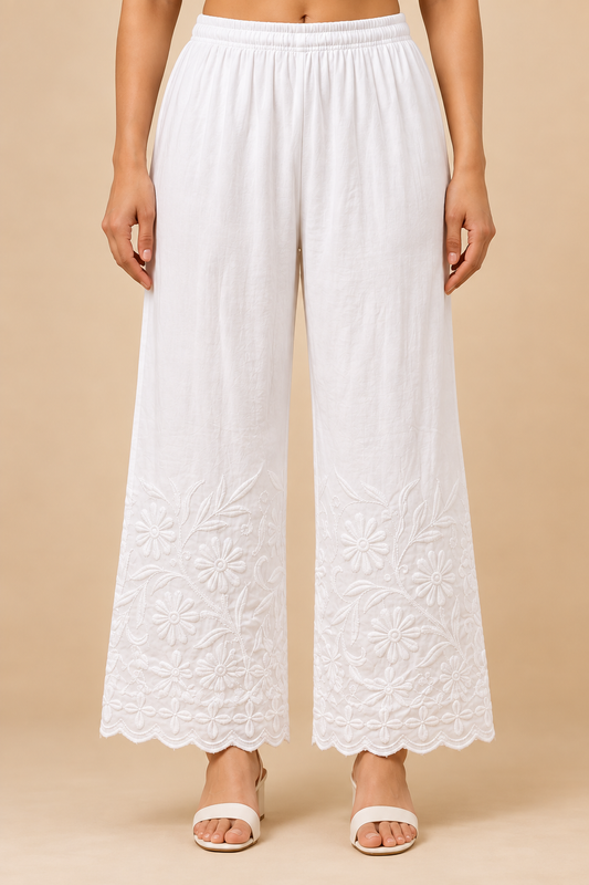 ZOUQ Women's White Lucknowi Chikankari Embroidered Palazzo Pants