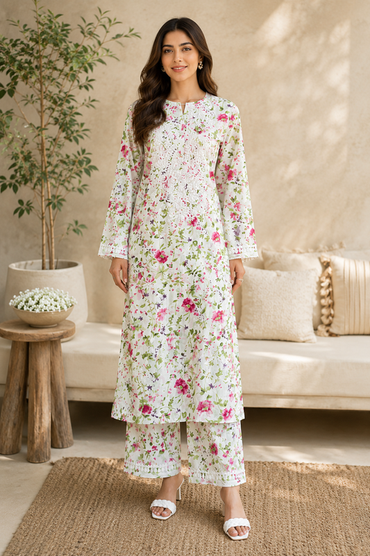 Women's White Floral Chikankari Kurta Pant Set | Handcrafted Lucknowi Embroidery