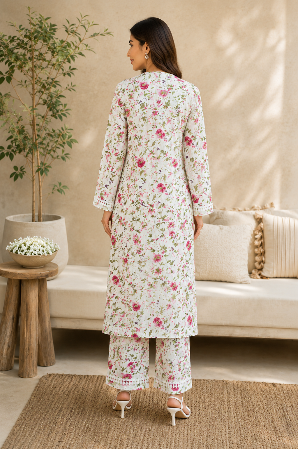 Women's White Floral Chikankari Kurta Pant Set | Handcrafted Lucknowi Embroidery