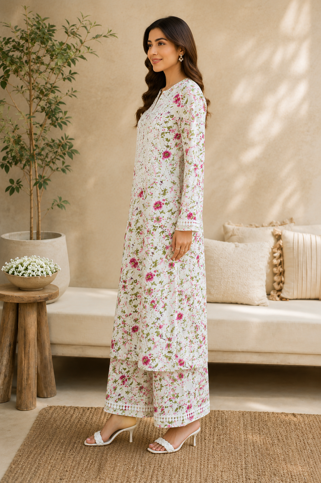 Women's White Floral Chikankari Kurta Pant Set | Handcrafted Lucknowi Embroidery
