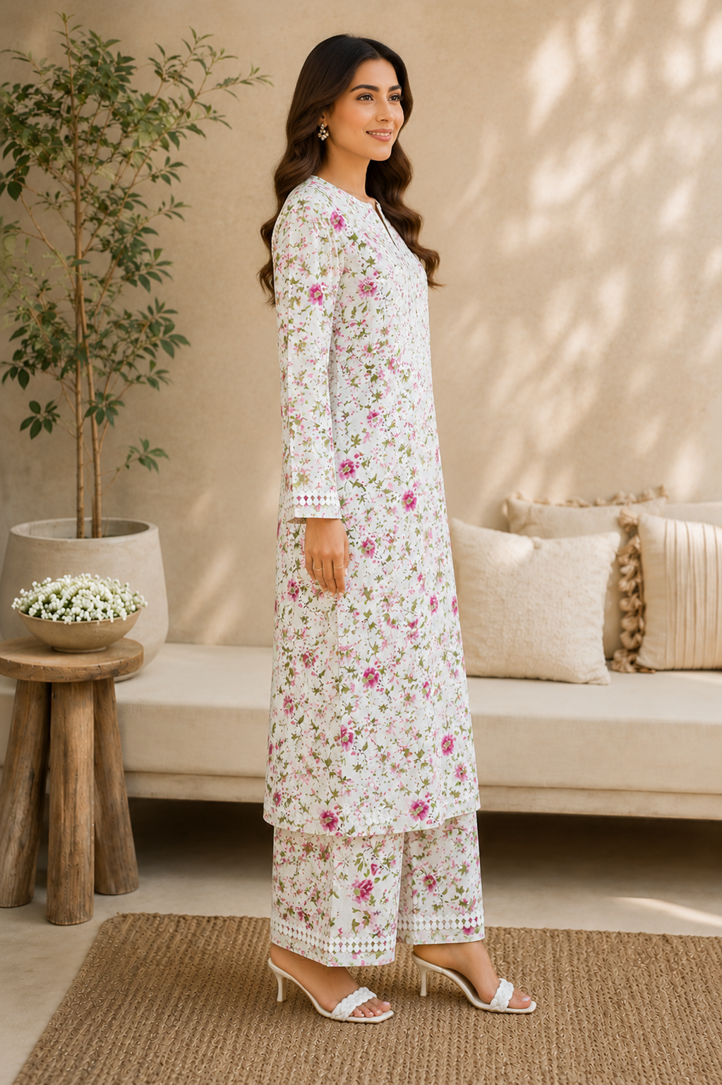 Women's White Floral Chikankari Kurta Pant Set | Handcrafted Lucknowi Embroidery