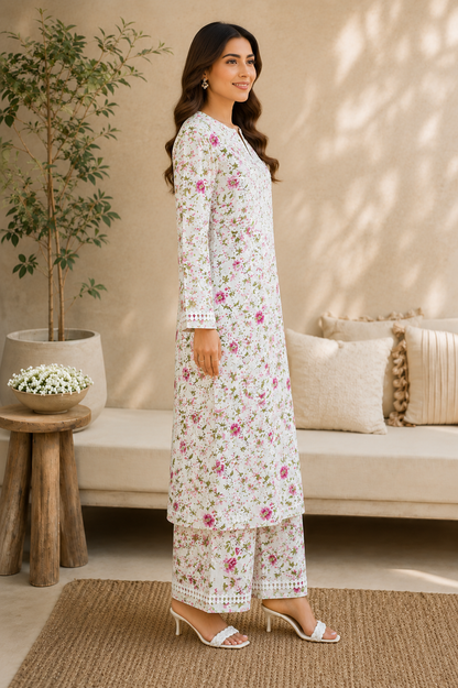 Women's White Floral Chikankari Kurta Pant Set | Handcrafted Lucknowi Embroidery