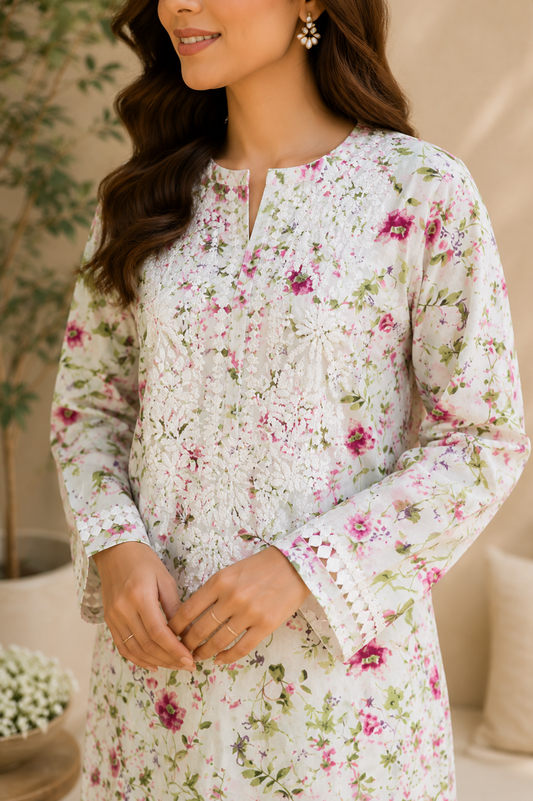 Women's White Floral Chikankari Kurta Pant Set | Handcrafted Lucknowi Embroidery