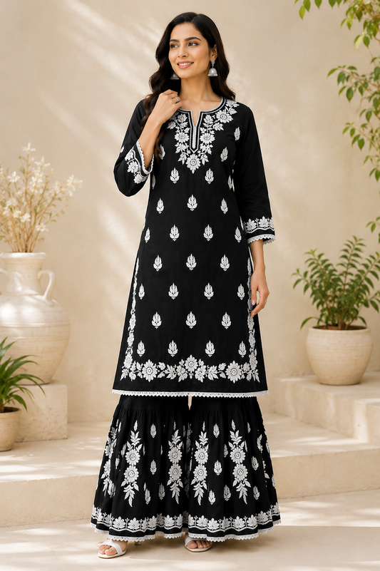Black Chikankari Kurta Sharara Set | Lucknowi Embroidered Cotton Ethnic Wear for Women