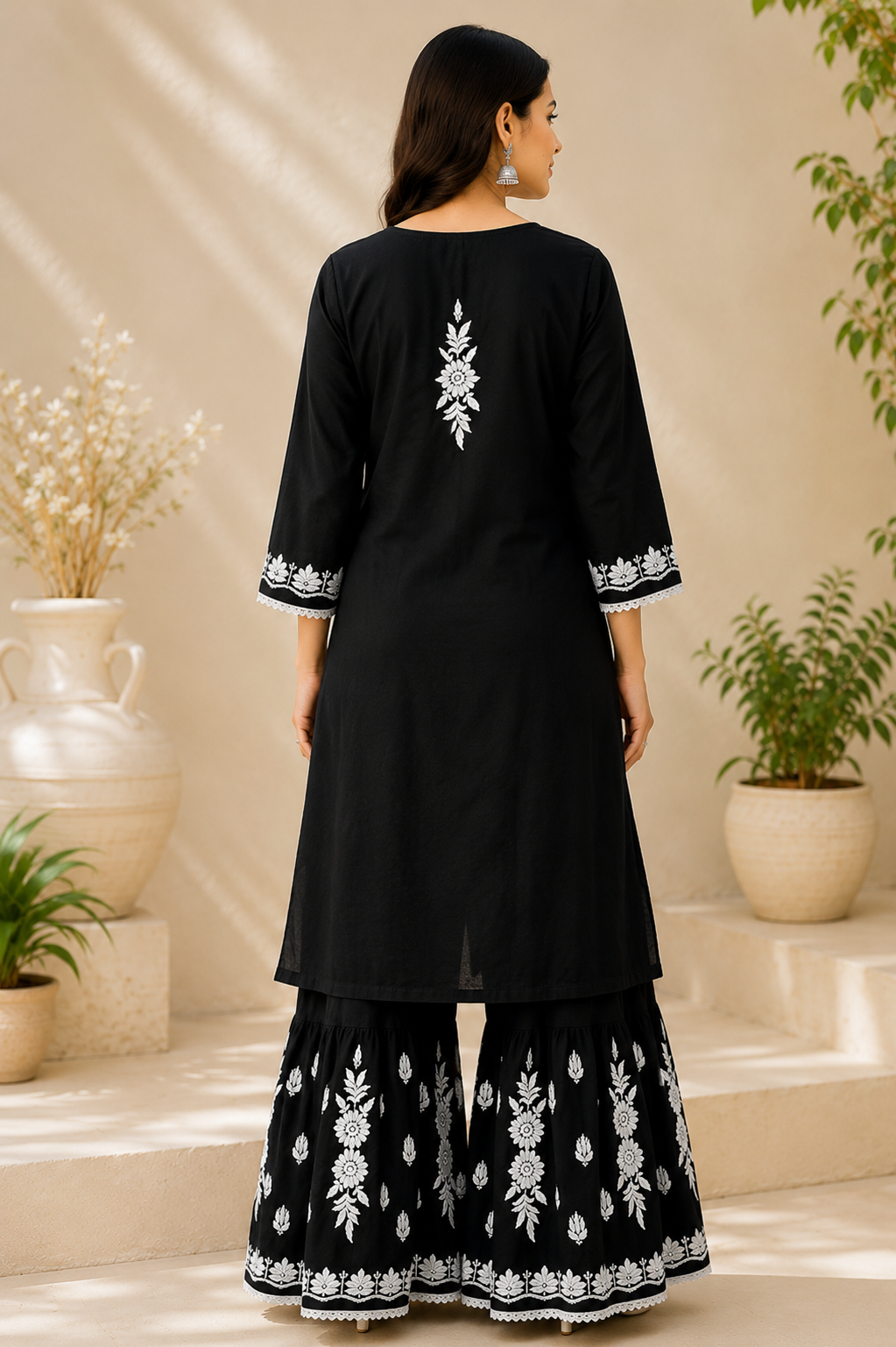 Black Chikankari Kurta Sharara Set | Lucknowi Embroidered Cotton Ethnic Wear for Women