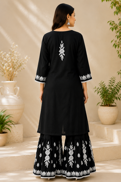 Black Chikankari Kurta Sharara Set | Lucknowi Embroidered Cotton Ethnic Wear for Women