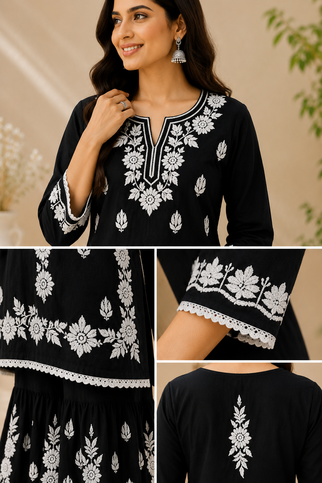 Black Chikankari Kurta Sharara Set | Lucknowi Embroidered Cotton Ethnic Wear for Women