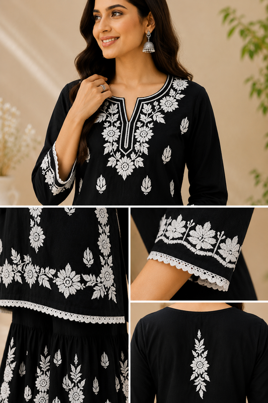 Black Chikankari Kurta Sharara Set | Lucknowi Embroidered Cotton Ethnic Wear for Women