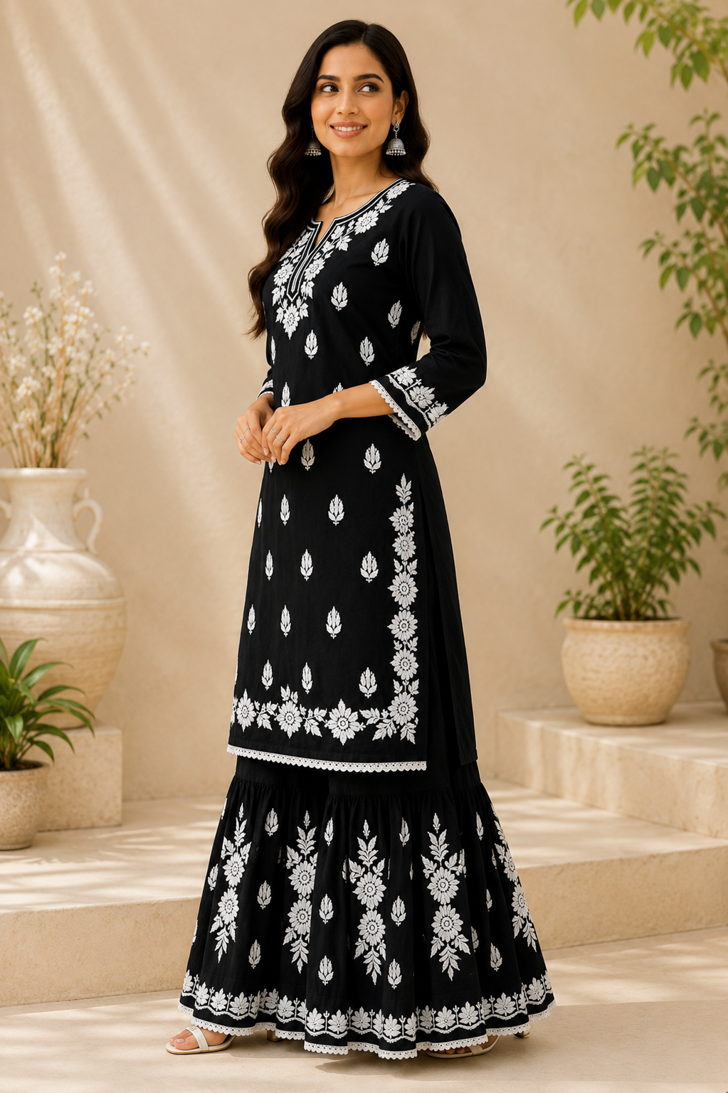 Black Chikankari Kurta Sharara Set | Lucknowi Embroidered Cotton Ethnic Wear for Women