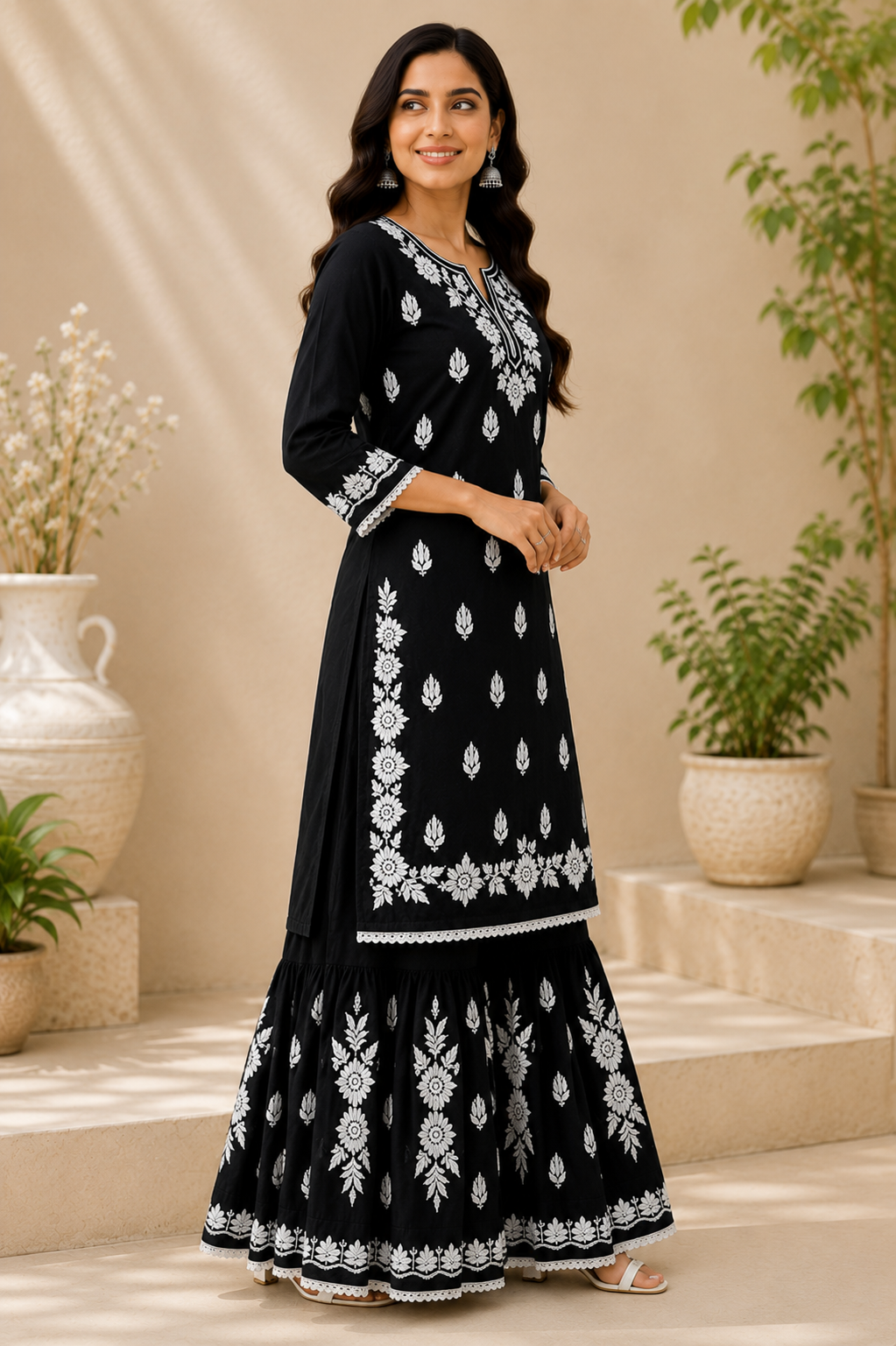 Black Chikankari Kurta Sharara Set | Lucknowi Embroidered Cotton Ethnic Wear for Women