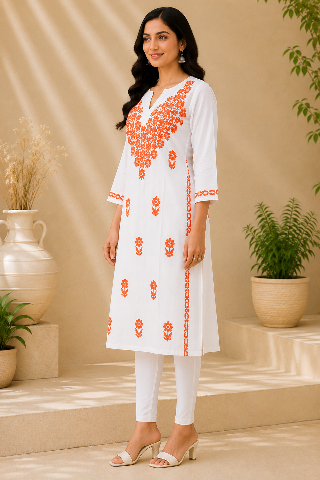 White Cotton Chikankari Kurta for Women with Orange Floral Embroidery