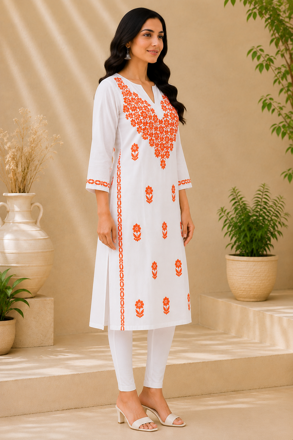White Cotton Chikankari Kurta for Women with Orange Floral Embroidery