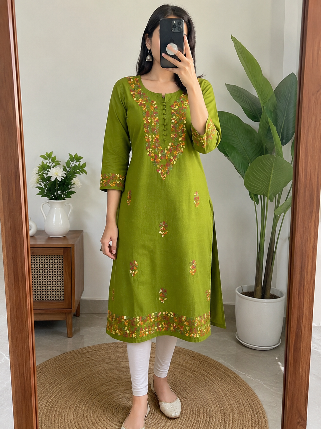 Olive Green Embroidered Cotton Kurta for Women
