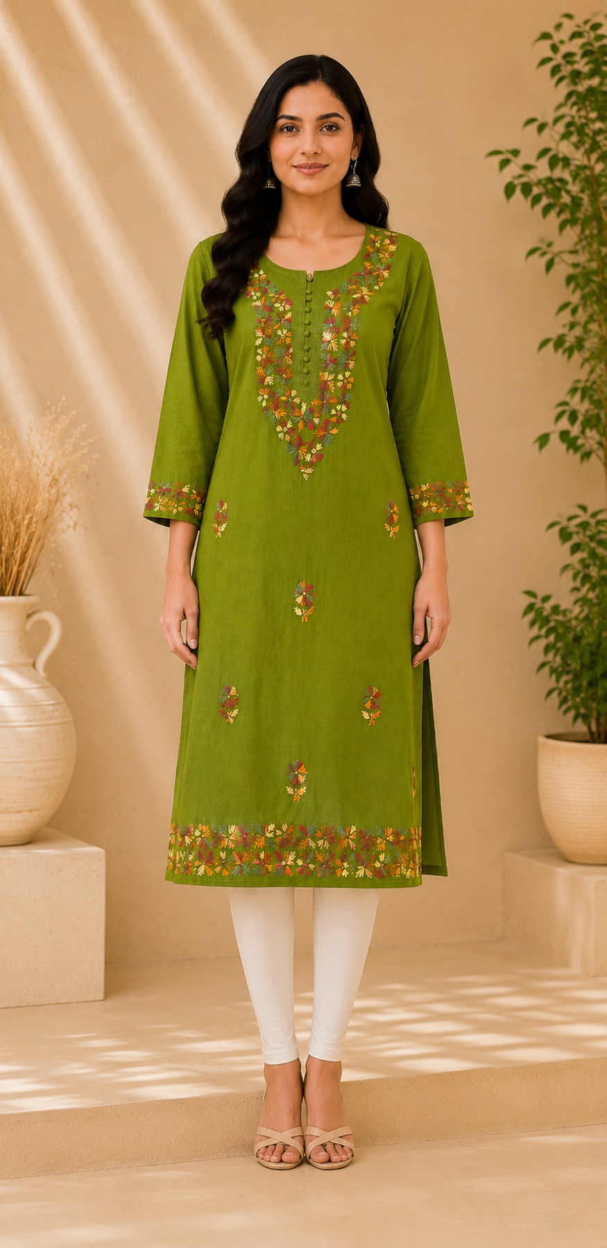 Olive Green Embroidered Cotton Kurta for Women