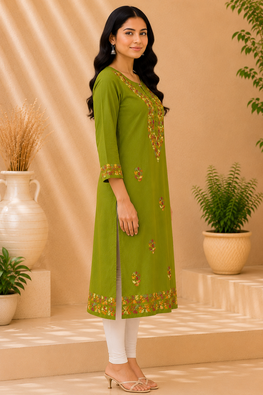 Olive Green Embroidered Cotton Kurta for Women