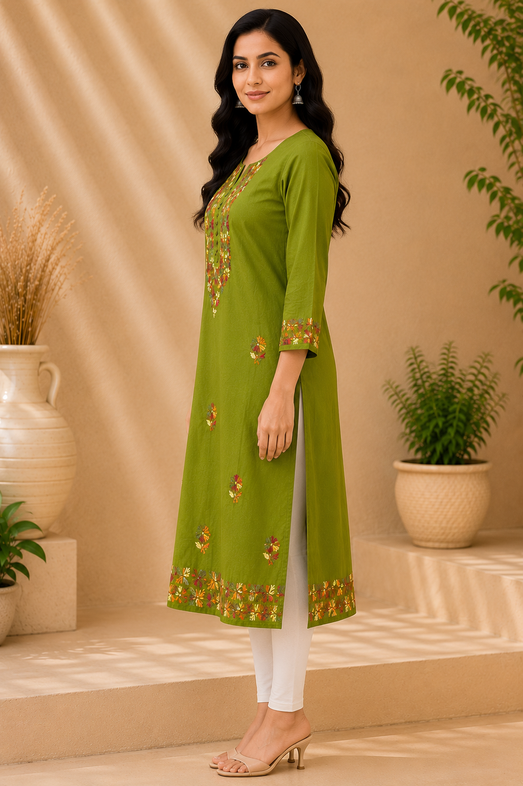 Olive Green Embroidered Cotton Kurta for Women