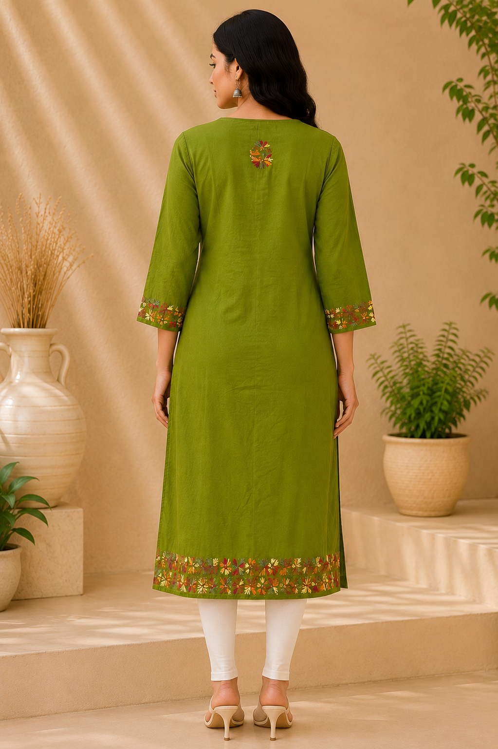 Olive Green Embroidered Cotton Kurta for Women