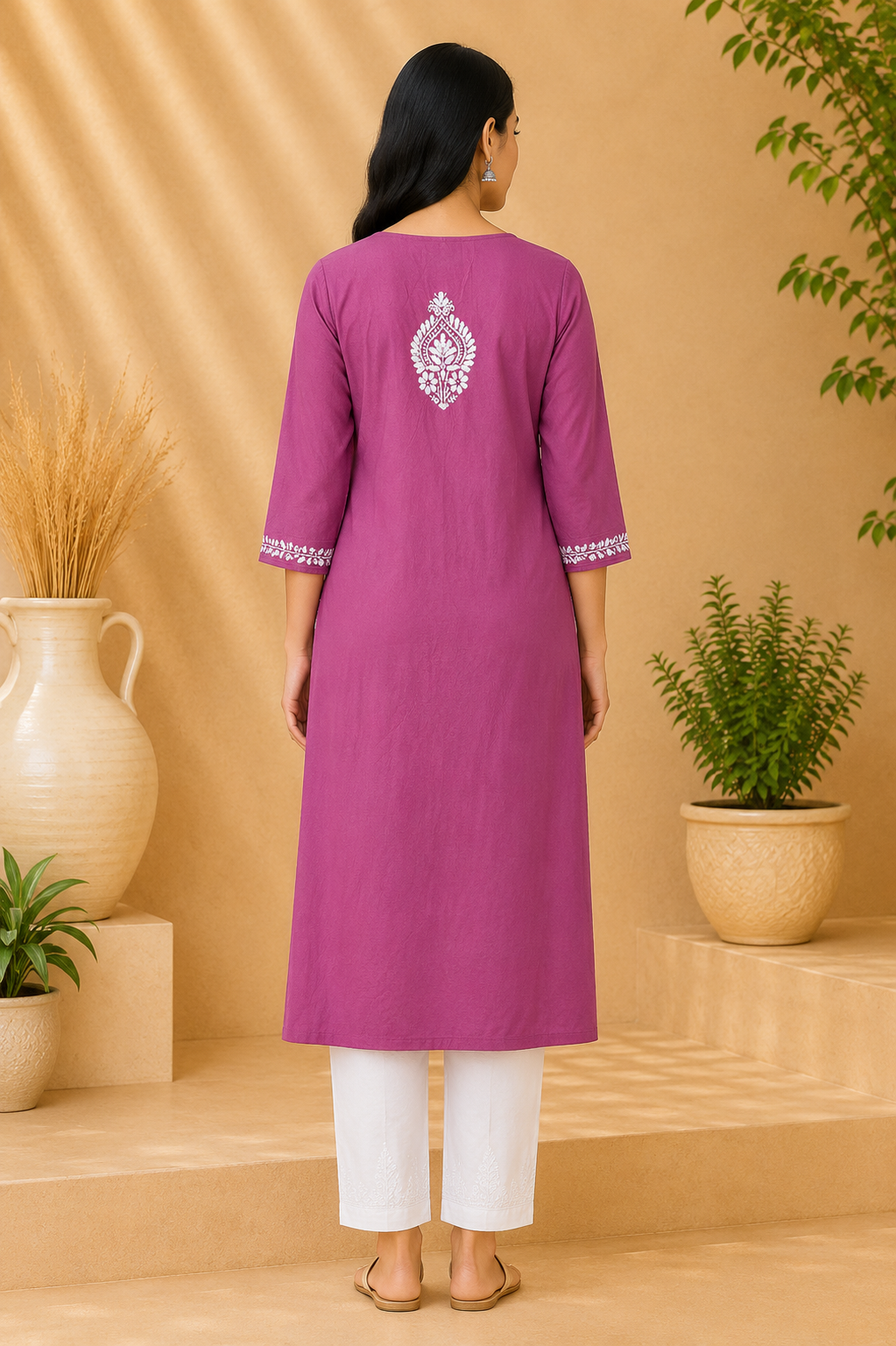 Magenta Pink Cotton Chikankari Kurta for Women