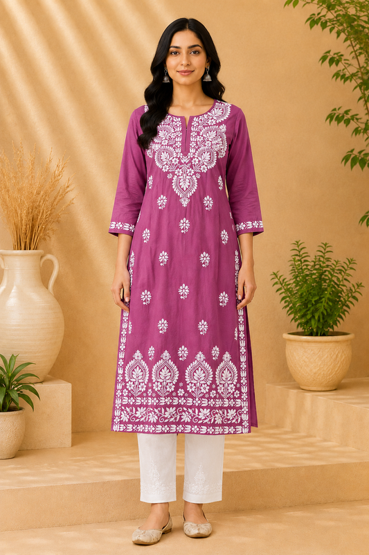 Magenta Pink Cotton Chikankari Kurta for Women